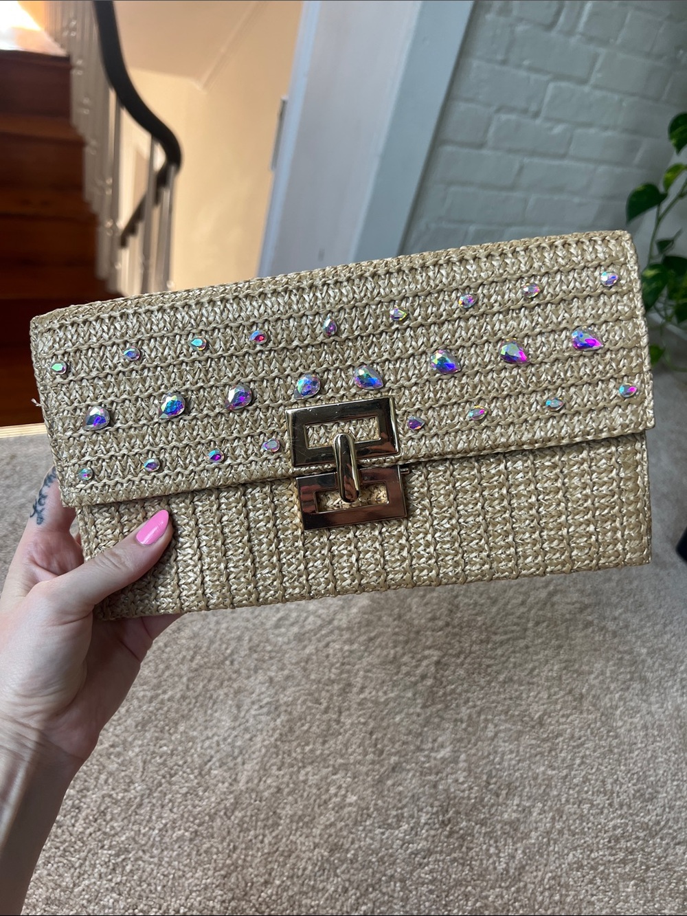 Straw Woven Rhinestone Clutch - Gold Tone Hardware